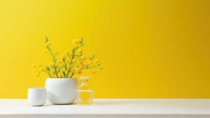 A minimalist composition with vibrant yellow blossoms in a white vase, accompanied by wellness products, set against a bright yellow backdrop, evoking a sense of freshness and spring vitality. - obrazy, fototapety, plakaty