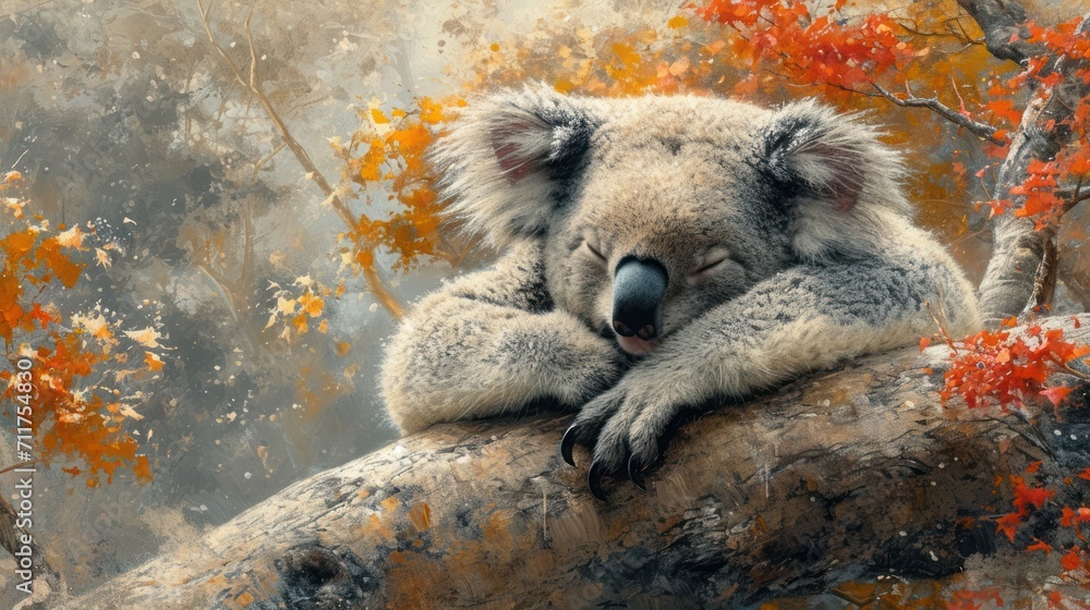 Poster a painting of a koala sitting on a tree branch with its head resting on the branch of a tree.