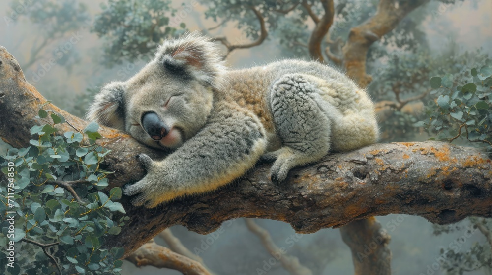 Poster a koala sleeping on a tree branch with its head resting on the branch of a tree with its eyes closed