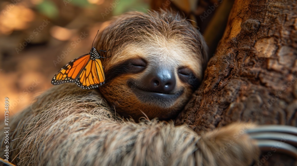 Poster a close up of a sloth with a butterfly on it's head and a tree in the background.