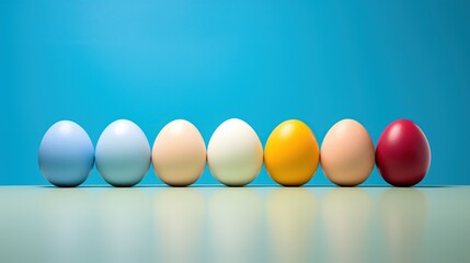 This photo presents a row of eggs painted in soft pastel colors, lined up against a bright blue background. It symbolizes diversity and unity
