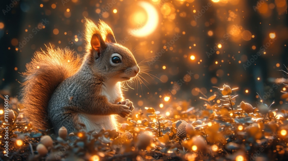 Poster a squirrel sitting on top of a pile of nuts in the middle of a forest with a full moon in the backgr