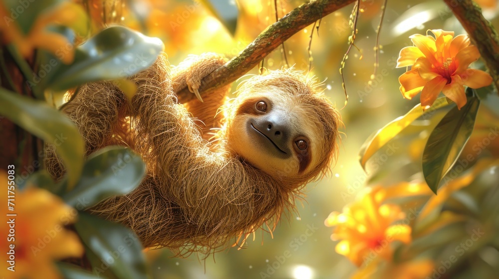 Poster a sloth hanging from a tree branch in a tree with yellow flowers in the foreground and a yellow flow