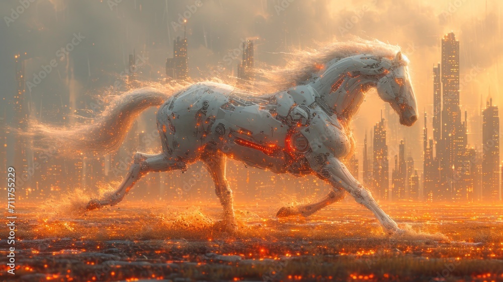 Poster a digital painting of a horse running in a field with a cityscape in the background in the foregroun