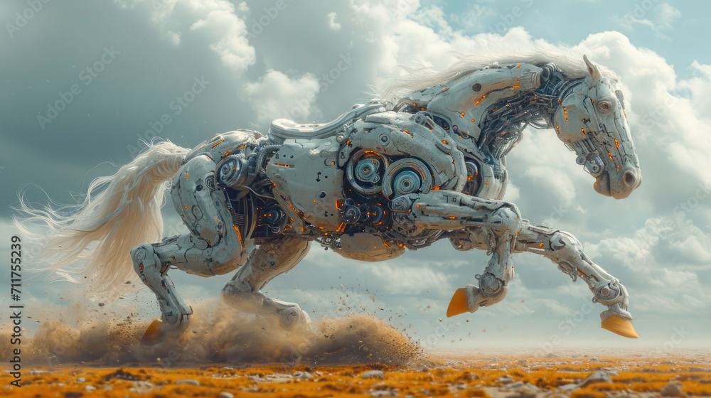 Poster a white horse running through a field with a sky in the background and clouds in the sky in the back