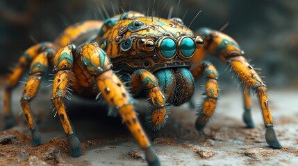  a close up of a yellow and blue spider on the ground with it's head turned to the side.