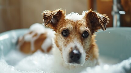 A cute dog takes a bubble bath advertising pet care. Created with Generative Ai technology.