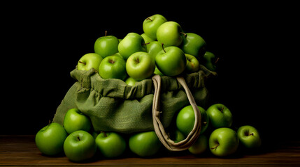 Bag made of natural fabric with green apples.