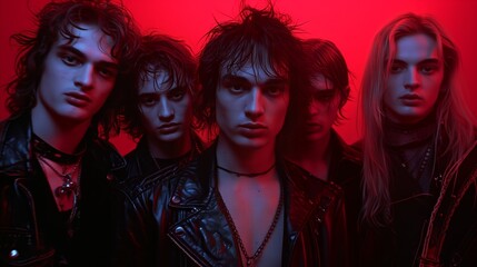 Edgy rock band members in leather jackets under red neon light