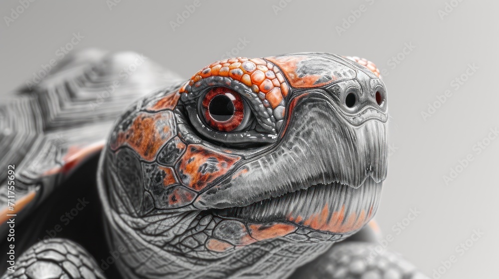 Poster a close up of a turtle's head with an orange and black pattern on it's shell and eyes.
