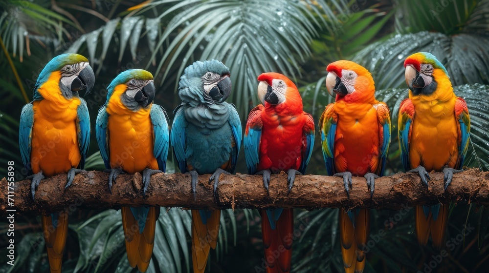 Poster a group of colorful parrots sitting on a tree branch in front of a forest of palm trees and palm tre