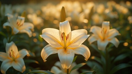 Fototapeta na wymiar Golden hour glow on a stunning field of white lilies