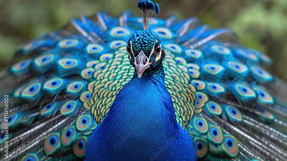 Poster a close up of a peacock with it's feathers feathers spread out and it's head turned to the side.