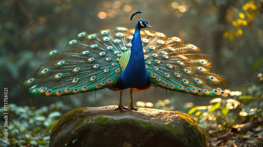 Poster a peacock is standing on a rock with its feathers spread out and it's tail is spread wide open.