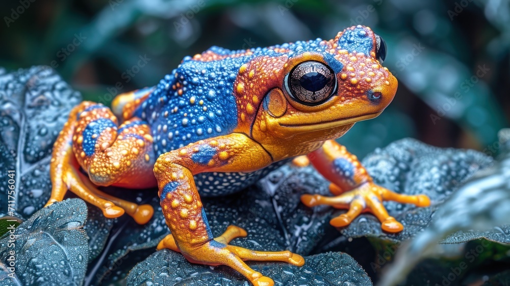 Wall mural  a blue and orange frog sitting on top of a green leaf covered in drops of water on a sunny day. - Wall murals