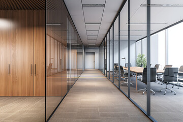 Modern office hallway with glass wall boardroom