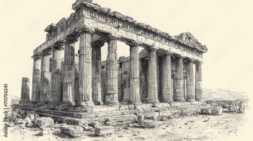 Poster a black and white drawing of a building with columns and a man sitting on the ground in front of it.