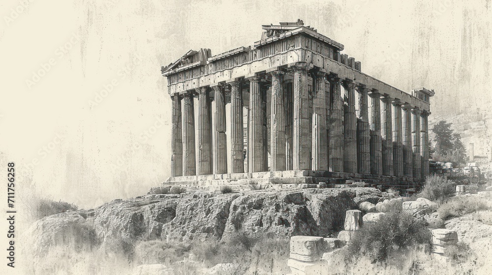 Poster a black and white photo of a building on top of a hill with columns and a clock on the top of it.