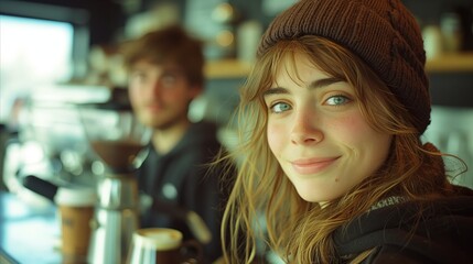 Smiling young woman in beanie enjoying time in a cozy cafe