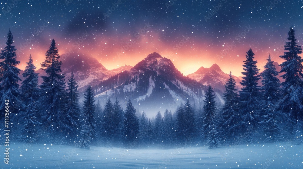 Poster a painting of a snowy mountain scene with pine trees in the foreground and a red sky in the backgrou