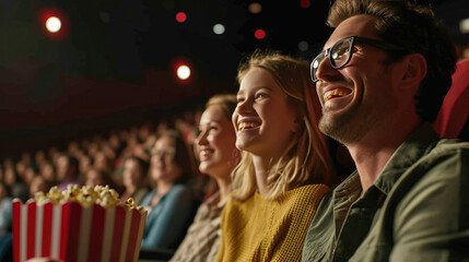 Family is smiling and watching a movie in a cinema, with a child and everyone looking happy and engaged with the screen.