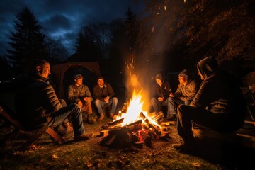 A diverse group of individuals gathered around a cozy campfire illuminating the dark night, group of seniors gathered around a bonfire, sharing stories and warmth on a chilly night, AI Generated