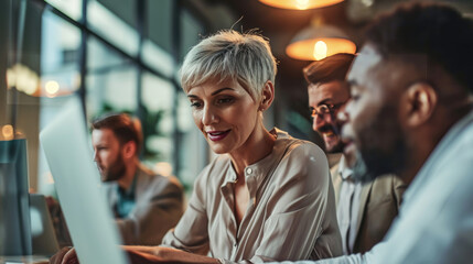 Colleagues are in a collaborative office setting, all smiling and engaged in a discussion with laptops open in front of them.