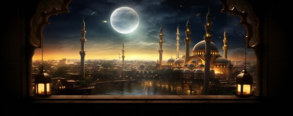 Ramadan Kareem religious scene with mosque in the distance Generative Ai - obrazy, fototapety, plakaty