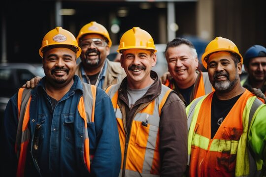 A diverse group of men, standing side by side, demonstrating unity and the power of teamwork, group of smiling construction workers wearing uniforms, AI Generated