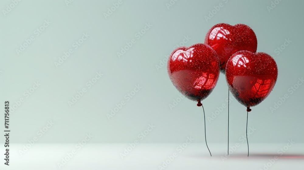 Poster a group of red heart shaped balloons floating in the air with a string sticking out of the middle of