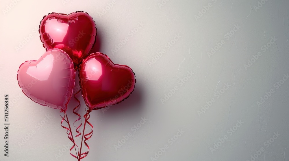 Poster three heart - shaped balloons in the shape of a couple of hearts on a white background with a red st