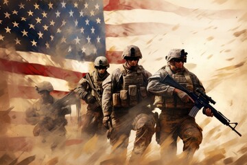 A group of soldiers marching in uniform in front of an American flag, symbolizing patriotism and unity, group of us army soldiers over us flag, AI Generated