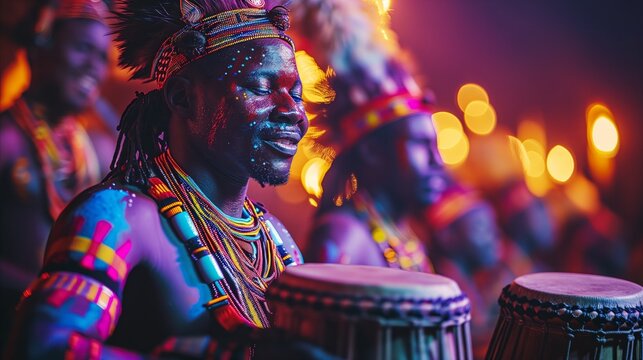 Traditional african drummers performing at night with vibrant body paint