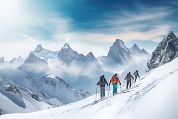 A group of people enjoying skiing together as they descend down a snow-covered slope, Group of young skiers in the Alps mountains, AI Generated - obrazy, fototapety, plakaty