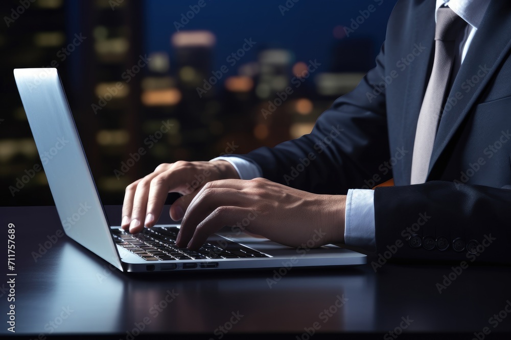 Poster a professional man in a suit using a laptop computer to perform work tasks, hands of businessman usi