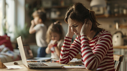 Stressed woman sitting at a table in front of a laptop, holding her head in her hands, with children in the background, reflecting the challenges of balancing work and childcare at home.