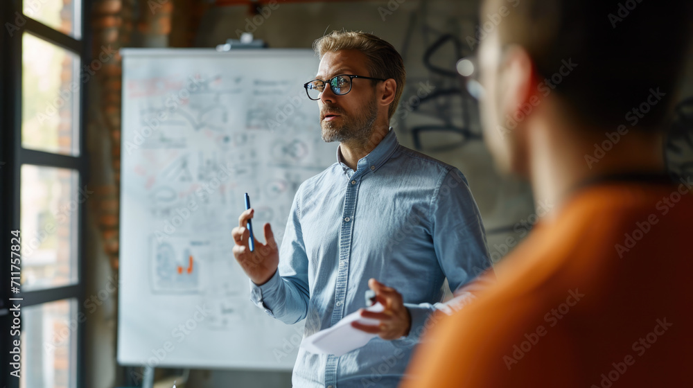 Poster man presenting or explaining something in front of a whiteboard with various colorful charts, diagra