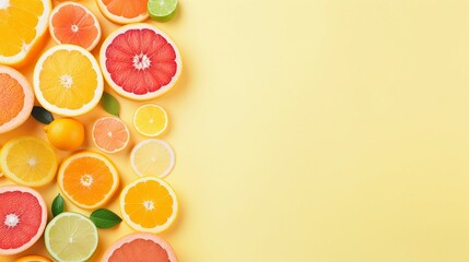 Vibrant Citrus Fruits Flatlay on Illuminating Pantone Background - Fresh Grapefruit, Lemon, Mandarin, and Orange Arrangement for Summer Microstock