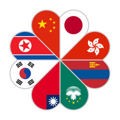 unity concept. heart shape of china, japan, hong kong, mongolia, macau, taiwan, south korea and north korea flags. vector illustration isolated on white background