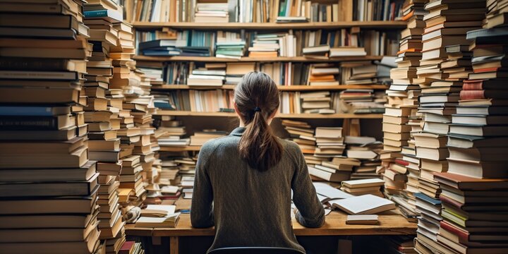 Rear view of woman working in stacks of books , concept of book organization