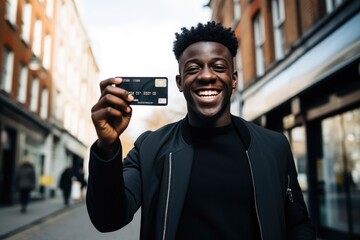 A man holds up a credit card as he prepares to make a payment transaction, Happy black man holds his credit card towards the camera, AI Generated