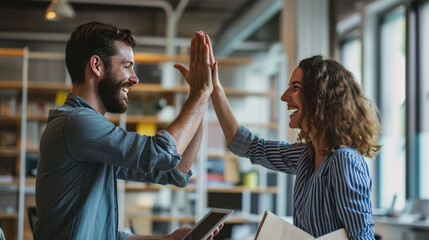 Moment of celebration or agreement between a man and a woman, both smiling and giving each other a high-five - obrazy, fototapety, plakaty