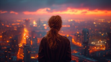 Contemplative woman overlooking a glowing cityscape at sunset