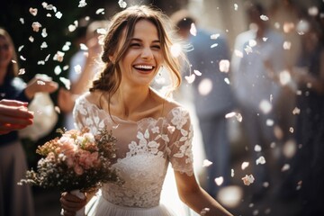 A stunning bride joyfully walks through a shower of colorful confetti on her special day, Happy bride at wedding ceremony and people sprinkling flower petals, AI Generated