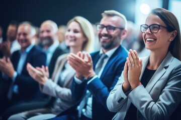 Obraz premium Group of People Clapping and Smiling in a Celebration of Joy and Success, Happy colleagues applauding while sitting in conference event at convention center business people sit together, AI Generated
