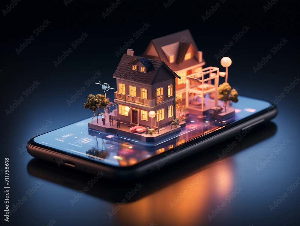 Aufkleber the screen of a smartphone displays a miniature model of a small house with icons representing vario