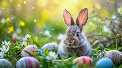 Fototapeta na wymiar Easter colorful eggs and cute fluffy gray rabbit on among with green grass and spring flowers against yellow green blured background. Main conceptual symbols of Easter. Copy space.