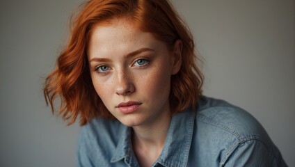 A young beautiful girl of model appearance with curly red hair and freckles, a perfect face. Natural beauty. Pleasant facial features, stylish clothes.