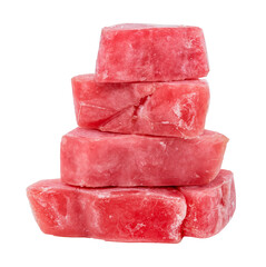 Pieces of raw meat or fish on a white background. Frozen pieces of meat stacked on top of each other