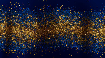 Festive dark blue background with flying golden round confetti and bright particles. Beautiful Illustration for greeting card, carnival, holiday, celebration.